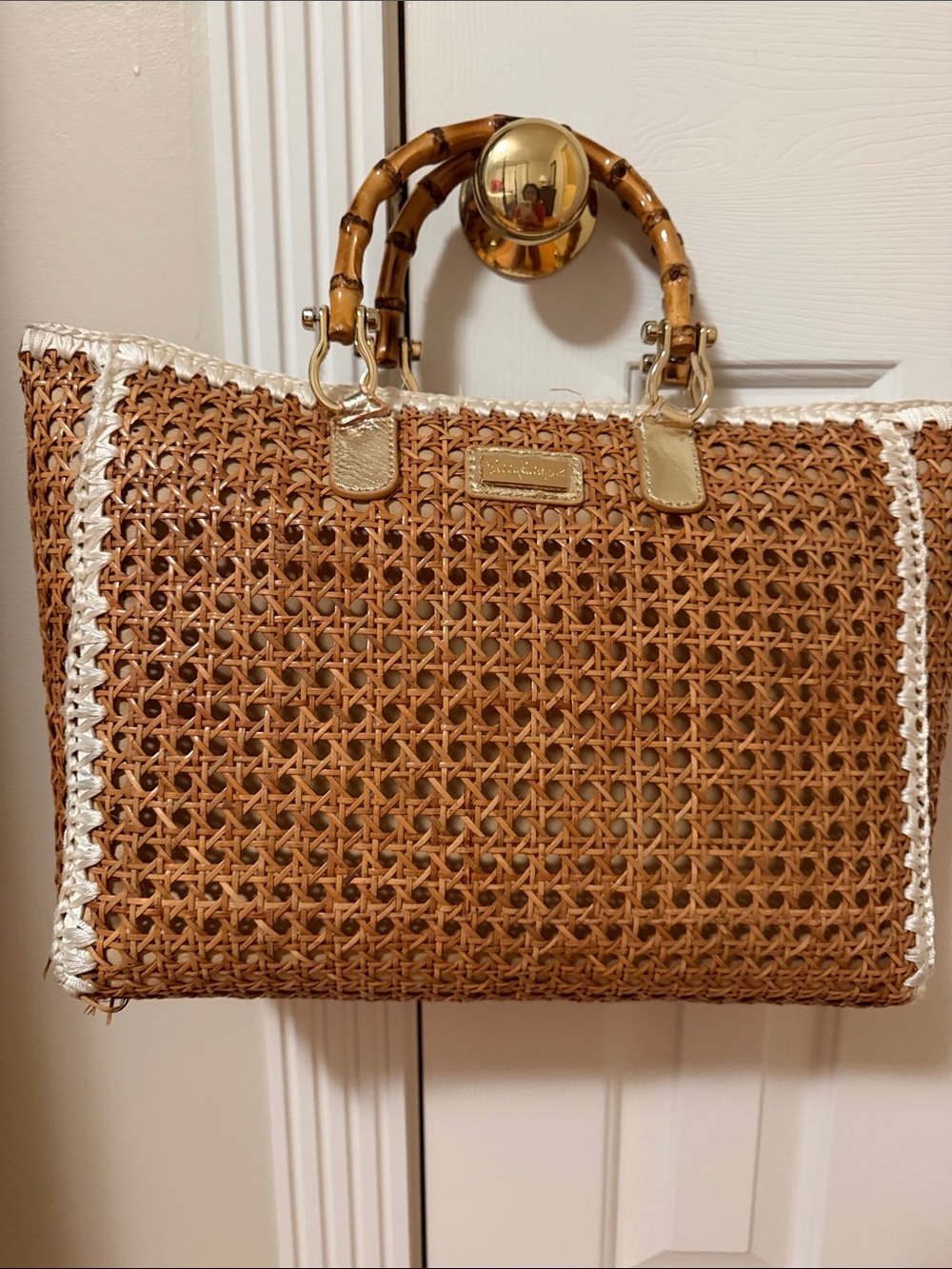 Lilly Pulitzer Woven Rattan Tote Bag with Bamboo Handles - Tan and White